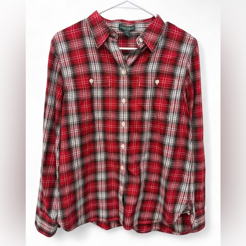 Women's Lauren Ralph Lauren Red Plaid Button‎ Down Shirt Cotton Medium Christmas